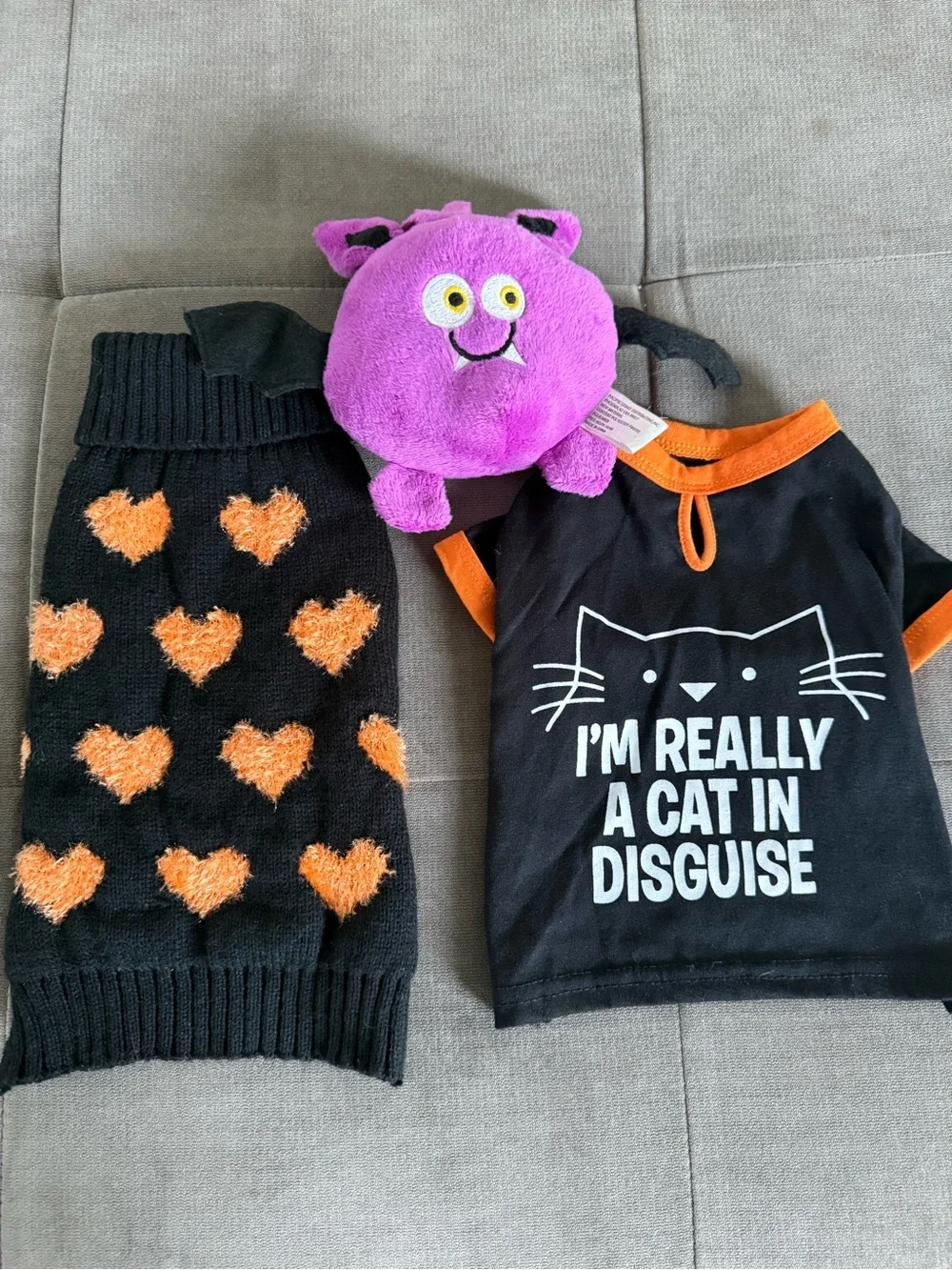 Halloween Dog Bundle: Size Small Sweater, XS T-shirt, and Monster Squeaky Toy